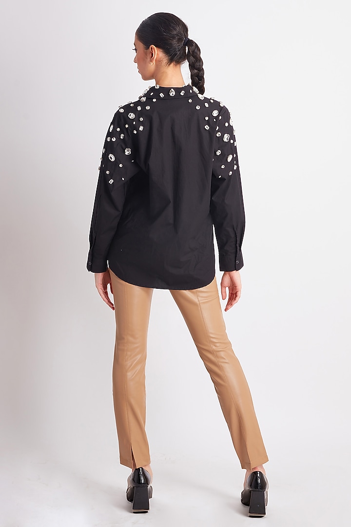 Black Cotton Crystal Embroidered Shirt by Richaa Goenka at Pernia's Pop Up Shop