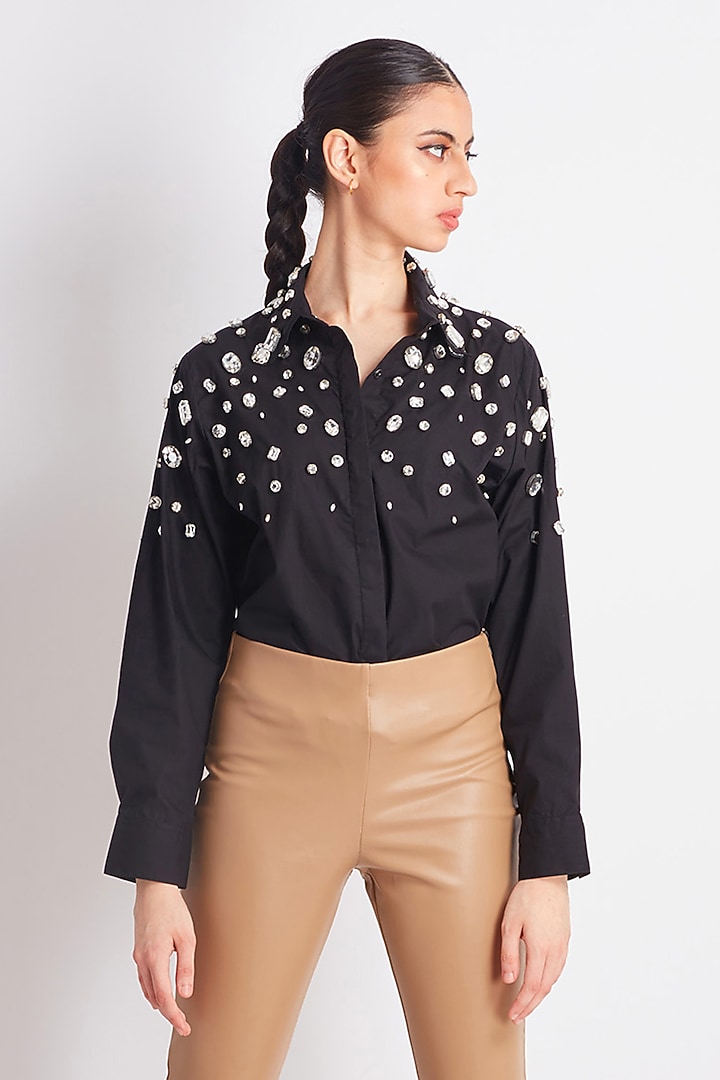 Black Cotton Crystal Embroidered Shirt by Richaa Goenka at Pernia's Pop Up Shop