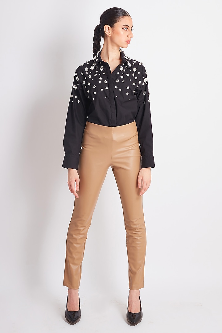 Black Cotton Crystal Embroidered Shirt by Richaa Goenka at Pernia's Pop Up Shop