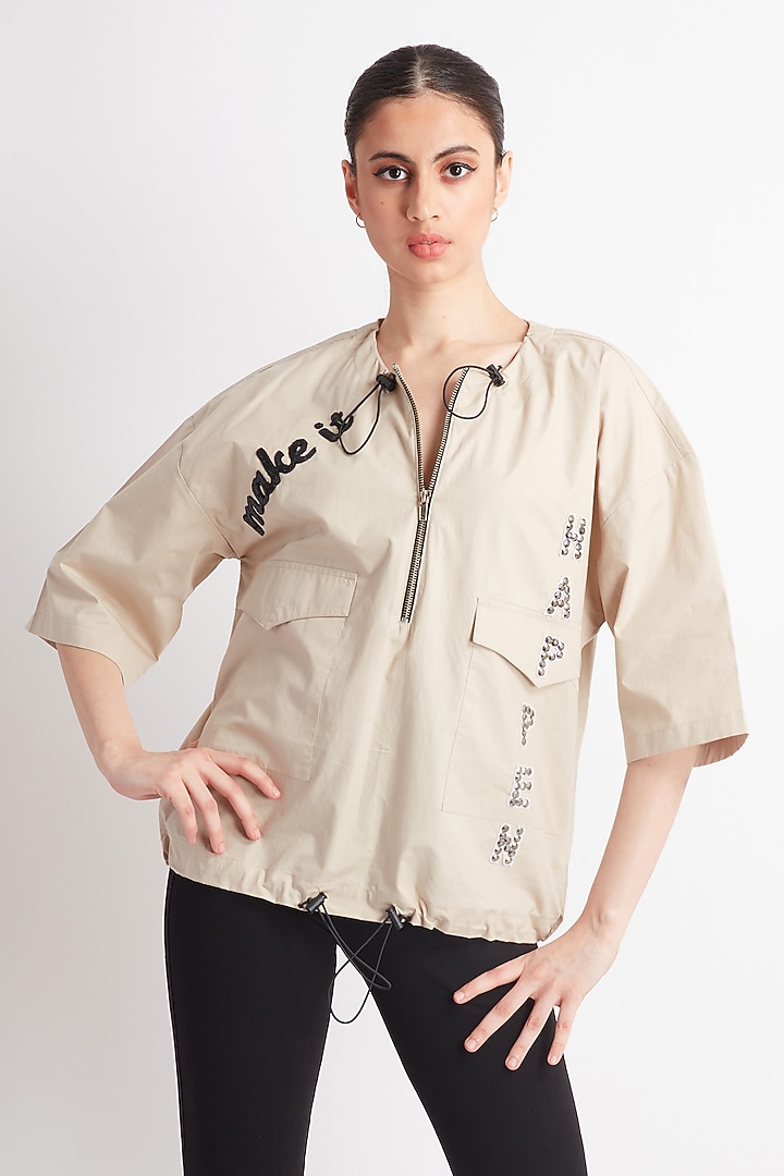 Beige Cotton Embroidered Shirt by Richaa Goenka at Pernia's Pop Up Shop