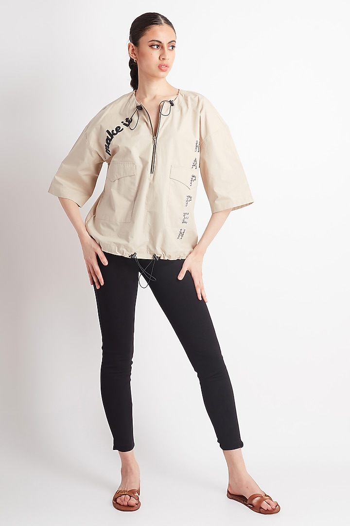 Beige Cotton Embroidered Shirt by Richaa Goenka at Pernia's Pop Up Shop