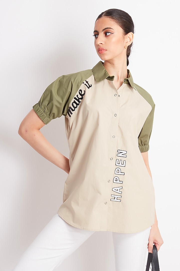 Beige & Olive Green Cotton Embroidered Shirt by Richaa Goenka at Pernia's Pop Up Shop