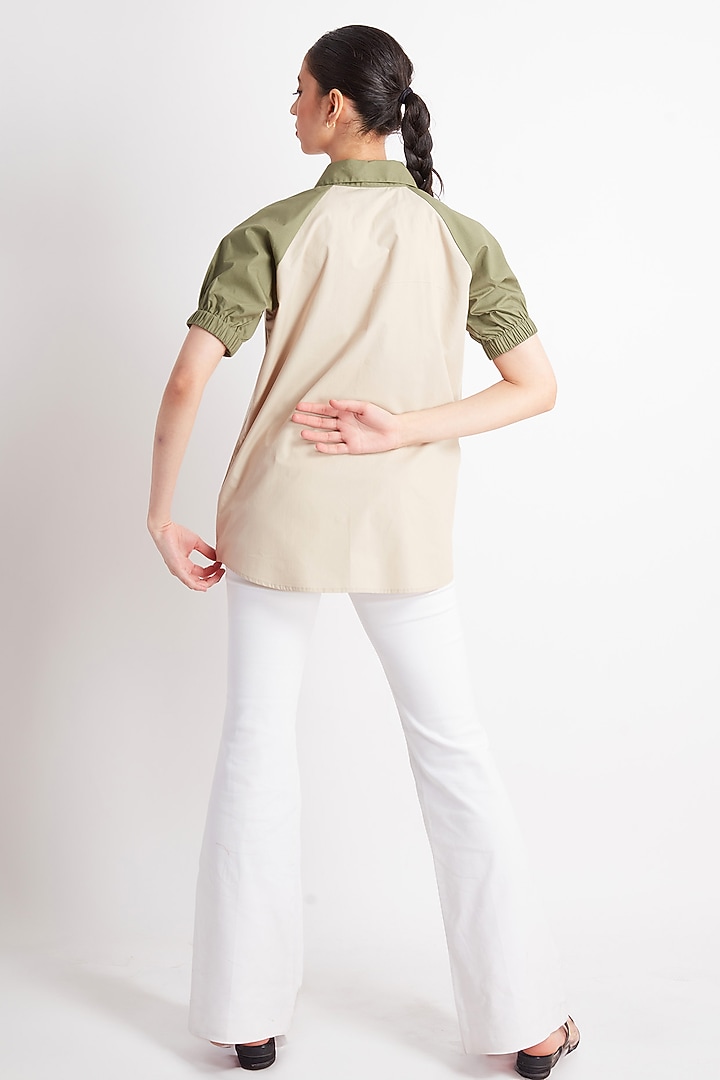 Beige & Olive Green Cotton Embroidered Shirt by Richaa Goenka at Pernia's Pop Up Shop