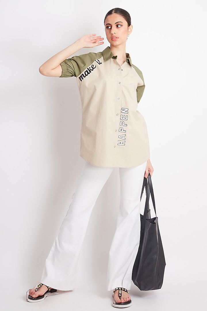 Beige & Olive Green Cotton Embroidered Shirt by Richaa Goenka at Pernia's Pop Up Shop