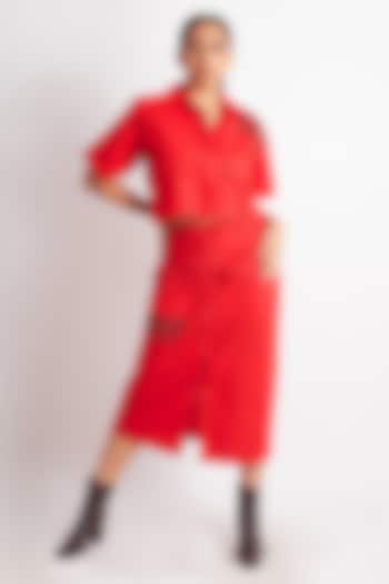 Red Cotton Applique Work Midi Skirt Set by Richaa Goenka at Pernia's Pop Up Shop