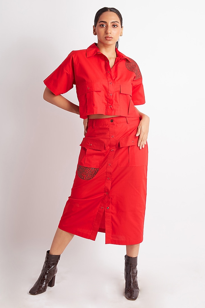 Red Cotton Applique Work Midi Skirt Set by Richaa Goenka at Pernia's Pop Up Shop