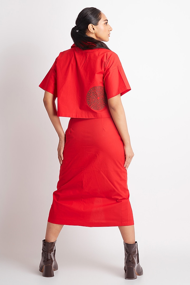Red Cotton Applique Work Midi Skirt Set by Richaa Goenka at Pernia's Pop Up Shop