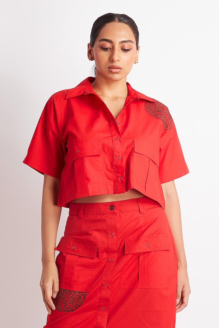Red Cotton Applique Work Midi Skirt Set by Richaa Goenka at Pernia's Pop Up Shop