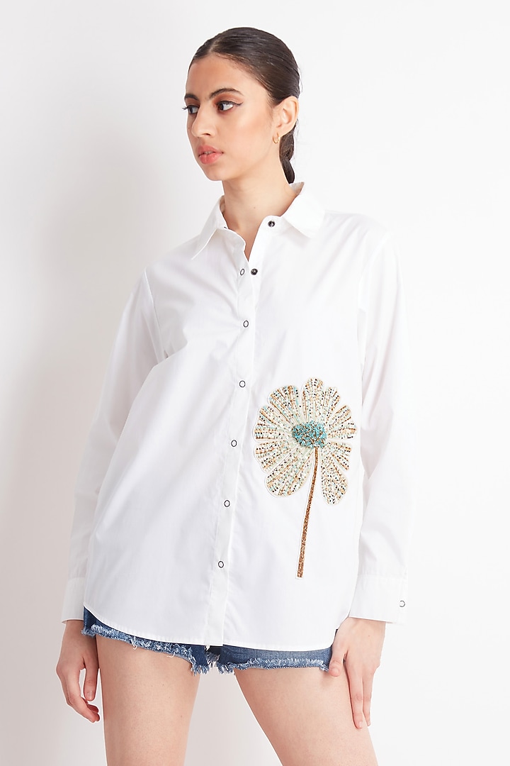 White Cotton Embroidered Shirt by Richaa Goenka at Pernia's Pop Up Shop
