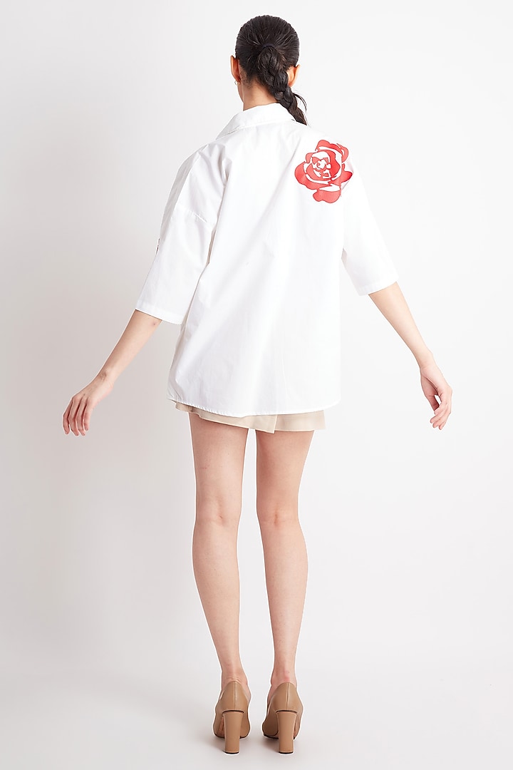 Red Cotton Applique Work Oversized Shirt by Richaa Goenka at Pernia's Pop Up Shop