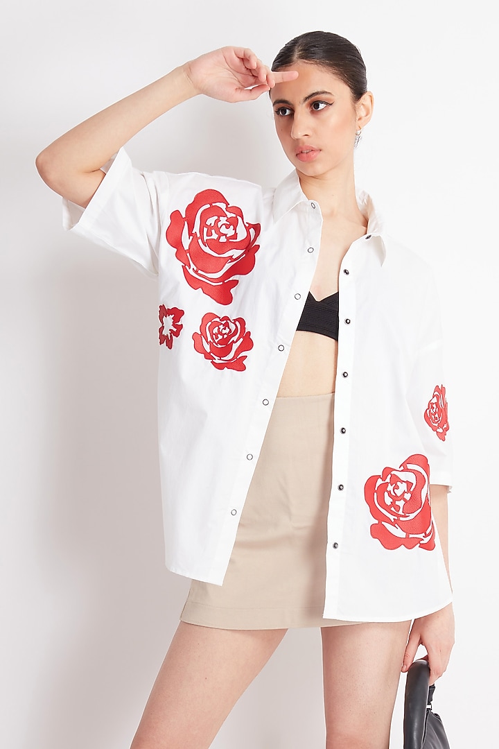 Red Cotton Applique Work Oversized Shirt by Richaa Goenka at Pernia's Pop Up Shop