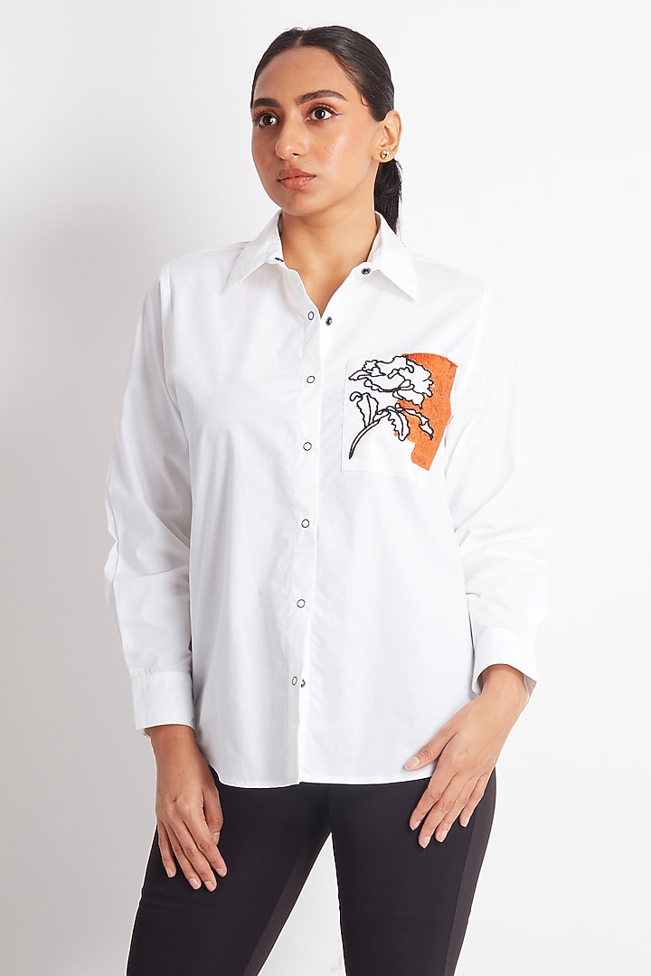 White Cotton Embroidered Shirt by Richaa Goenka at Pernia's Pop Up Shop