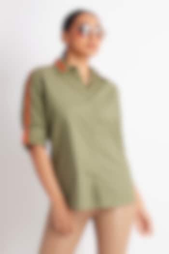 Olive Green Cotton Embroidered Shirt by Richaa Goenka at Pernia's Pop Up Shop