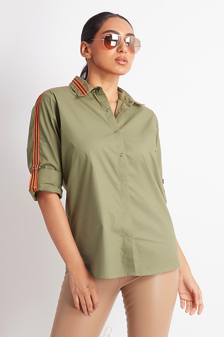 Olive Green Cotton Embroidered Shirt by Richaa Goenka at Pernia's Pop Up Shop