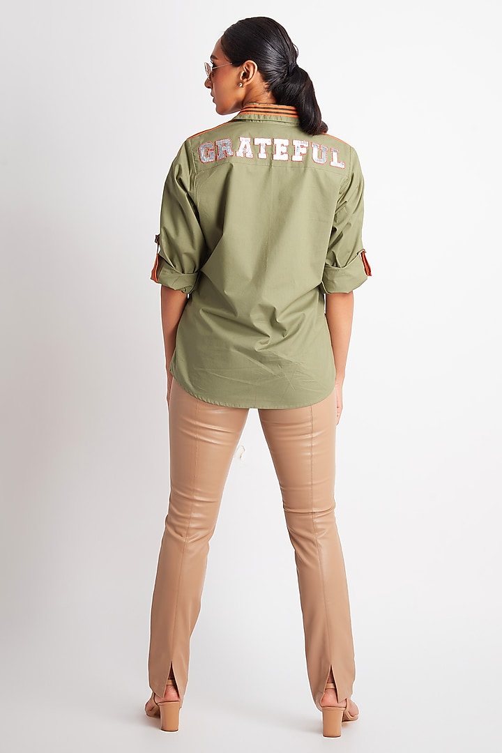 Olive Green Cotton Embroidered Shirt by Richaa Goenka at Pernia's Pop Up Shop