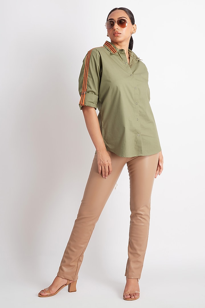 Olive Green Cotton Embroidered Shirt by Richaa Goenka at Pernia's Pop Up Shop