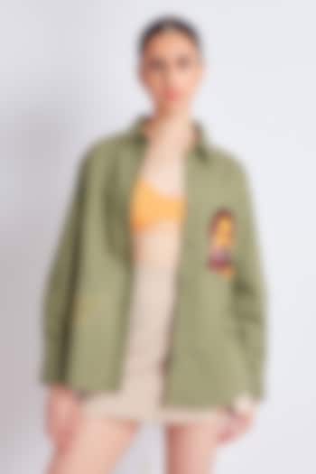 Olive Green Cotton Embroidered Shirt by Richaa Goenka at Pernia's Pop Up Shop