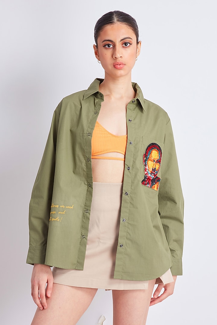 Olive Green Cotton Embroidered Shirt by Richaa Goenka at Pernia's Pop Up Shop