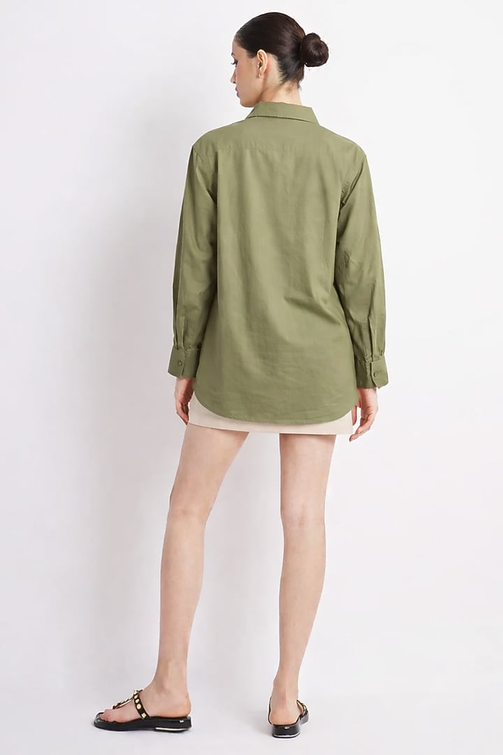 Olive Green Cotton Embroidered Shirt by Richaa Goenka at Pernia's Pop Up Shop