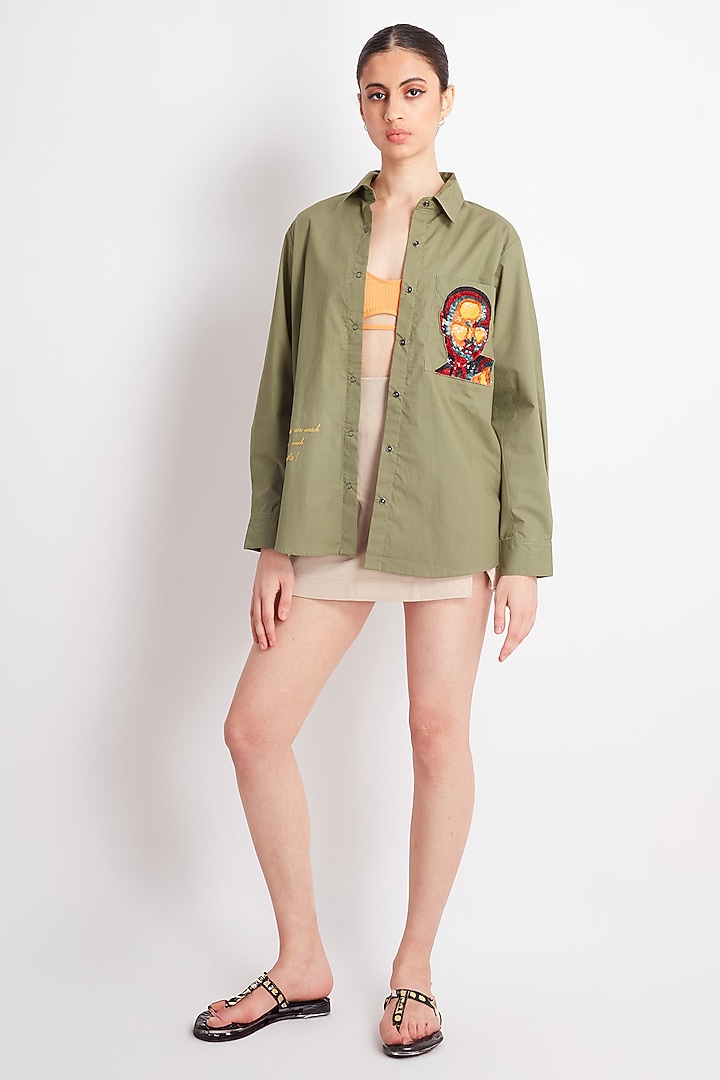 Olive Green Cotton Embroidered Shirt by Richaa Goenka at Pernia's Pop Up Shop