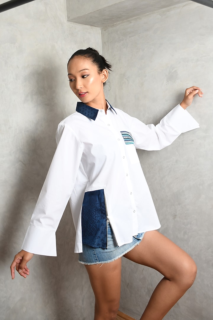 White Cotton Embroidered Pleated Shirt by Richaa Goenka at Pernia's Pop Up Shop