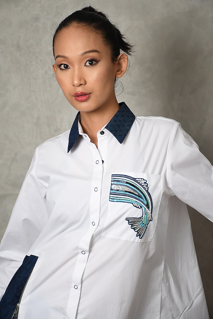 White Cotton Embroidered Pleated Shirt by Richaa Goenka at Pernia's Pop Up Shop