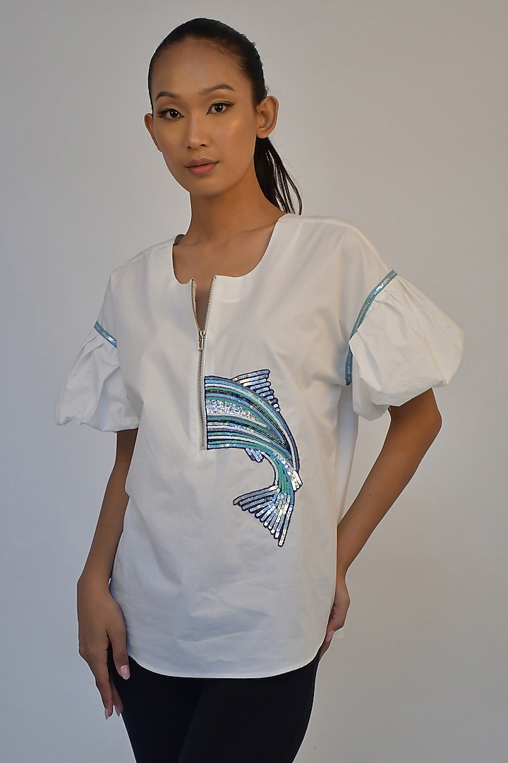 White Cotton Embroidered Top by Richaa Goenka at Pernia's Pop Up Shop
