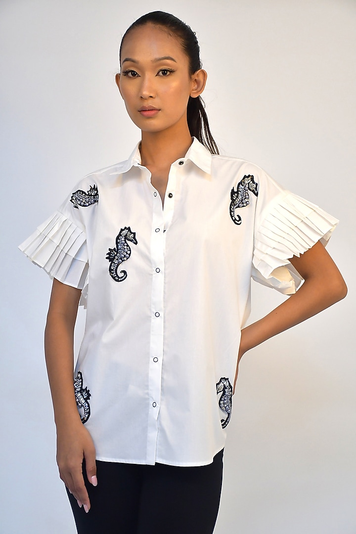 White Cotton Embroidered Shirt by Richaa Goenka at Pernia's Pop Up Shop