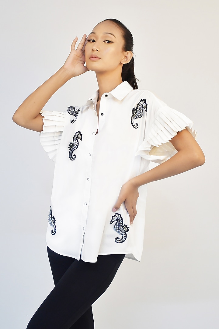 White Cotton Embroidered Shirt by Richaa Goenka at Pernia's Pop Up Shop