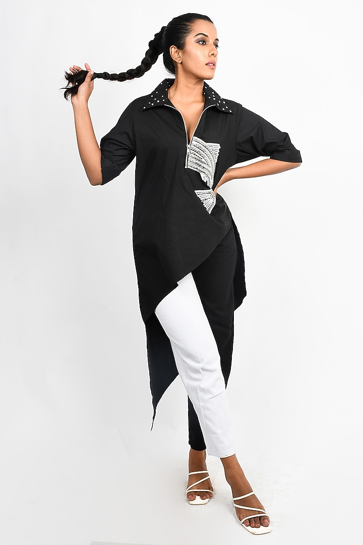 Black Cotton Embroidered High-Low Tunic by Richaa Goenka at Pernia's Pop Up Shop