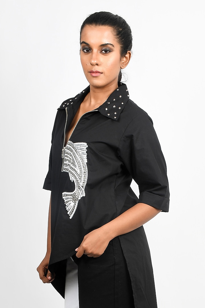 Black Cotton Embroidered High-Low Tunic by Richaa Goenka at Pernia's Pop Up Shop