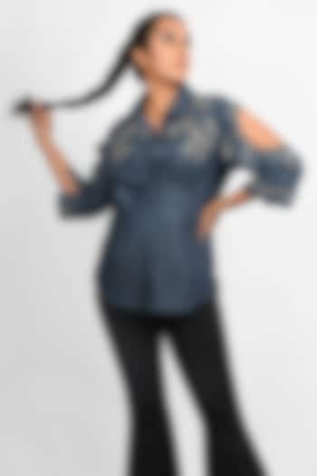 Blue Denim Embroidered Cold-Shoulder Shirt by Richaa Goenka at Pernia's Pop Up Shop