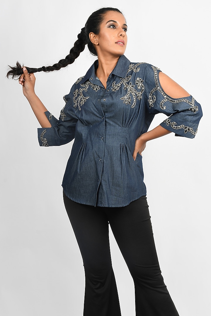 Blue Denim Embroidered Cold-Shoulder Shirt by Richaa Goenka at Pernia's Pop Up Shop