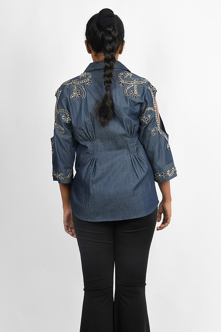 Blue Denim Embroidered Cold-Shoulder Shirt by Richaa Goenka at Pernia's Pop Up Shop