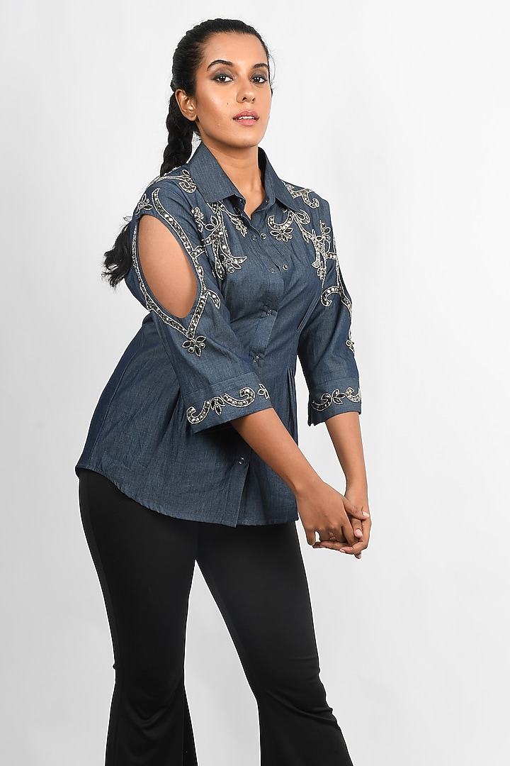 Blue Denim Embroidered Cold-Shoulder Shirt by Richaa Goenka at Pernia's Pop Up Shop
