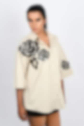 Beige Cotton Applique Oversized Shirt by Richaa Goenka at Pernia's Pop Up Shop