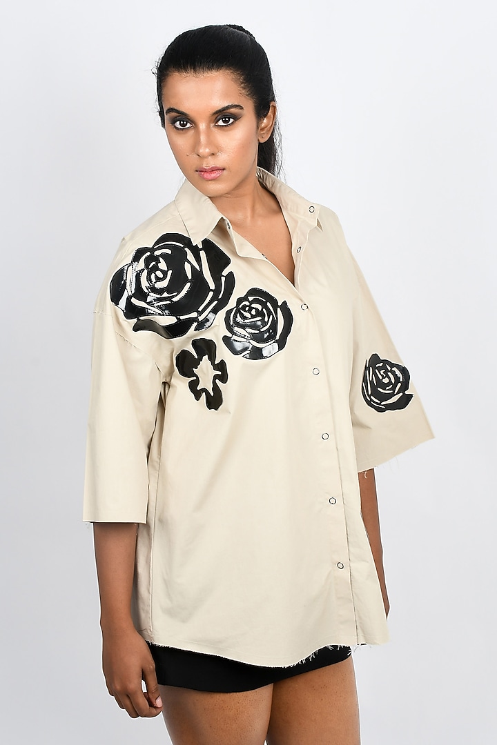 Beige Cotton Applique Oversized Shirt by Richaa Goenka at Pernia's Pop Up Shop