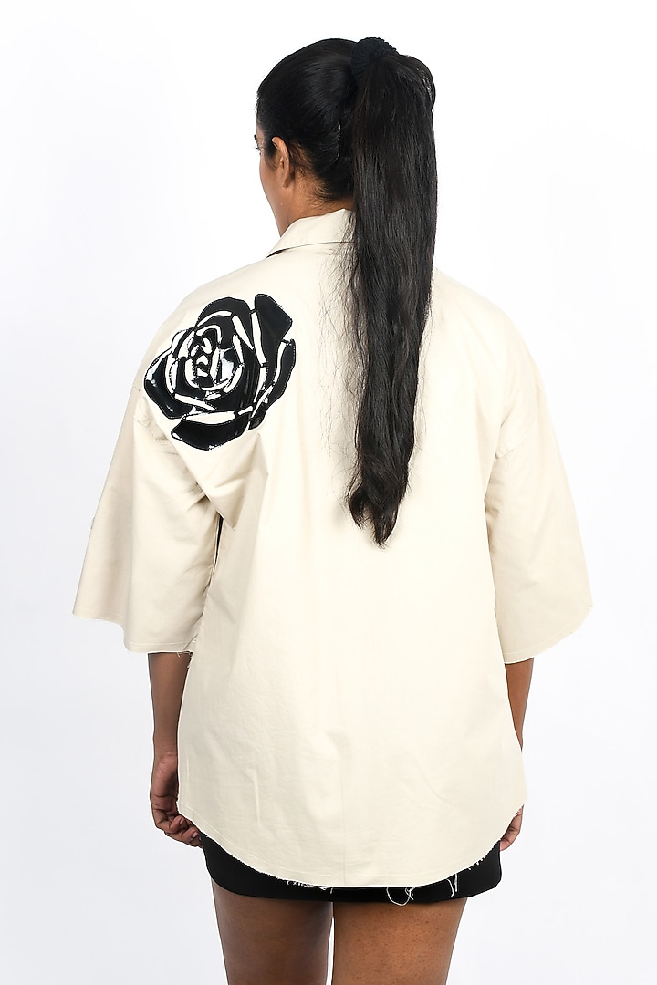 Beige Cotton Applique Oversized Shirt by Richaa Goenka at Pernia's Pop Up Shop