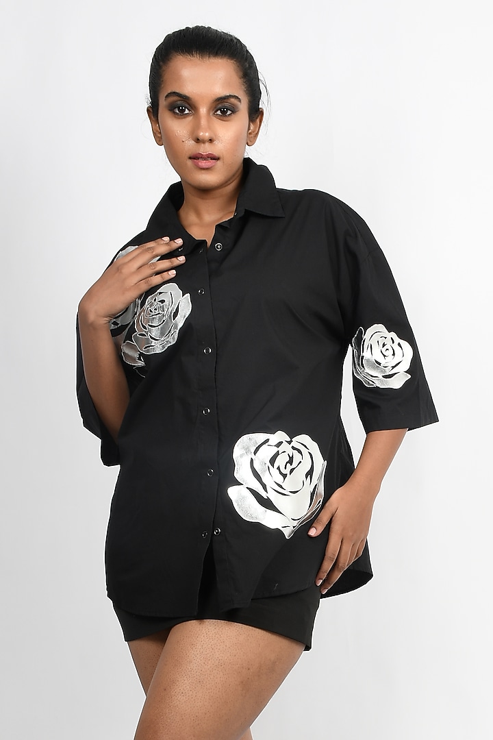Black Cotton Applique Oversized Shirt by Richaa Goenka at Pernia's Pop Up Shop