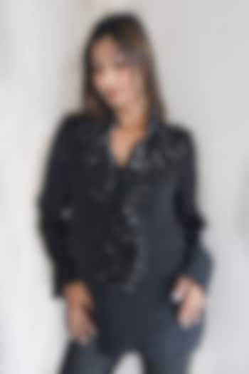 Black Crepe Sequin Work Ruffled Shirt by Richaa Goenka at Pernia's Pop Up Shop