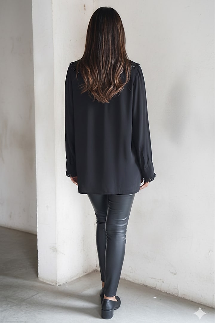 Black Crepe Sequin Work Ruffled Shirt by Richaa Goenka at Pernia's Pop Up Shop
