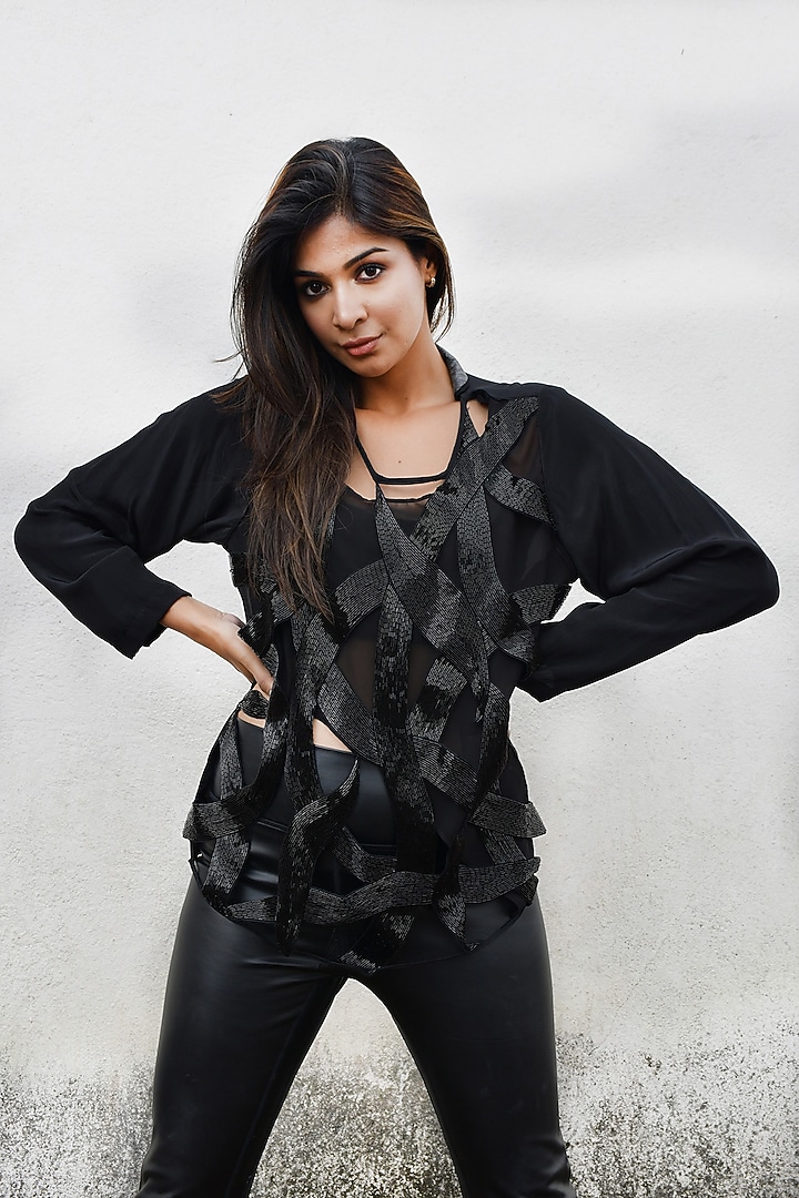 Black Georgette Beaded Cutwork Top by Richaa Goenka at Pernia's Pop Up Shop