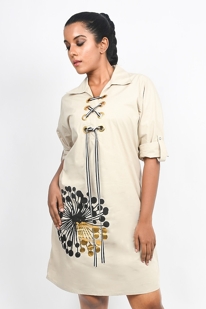 Beige Cotton Floral Foil Printed Mini Summer Dress by Richaa Goenka at Pernia's Pop Up Shop