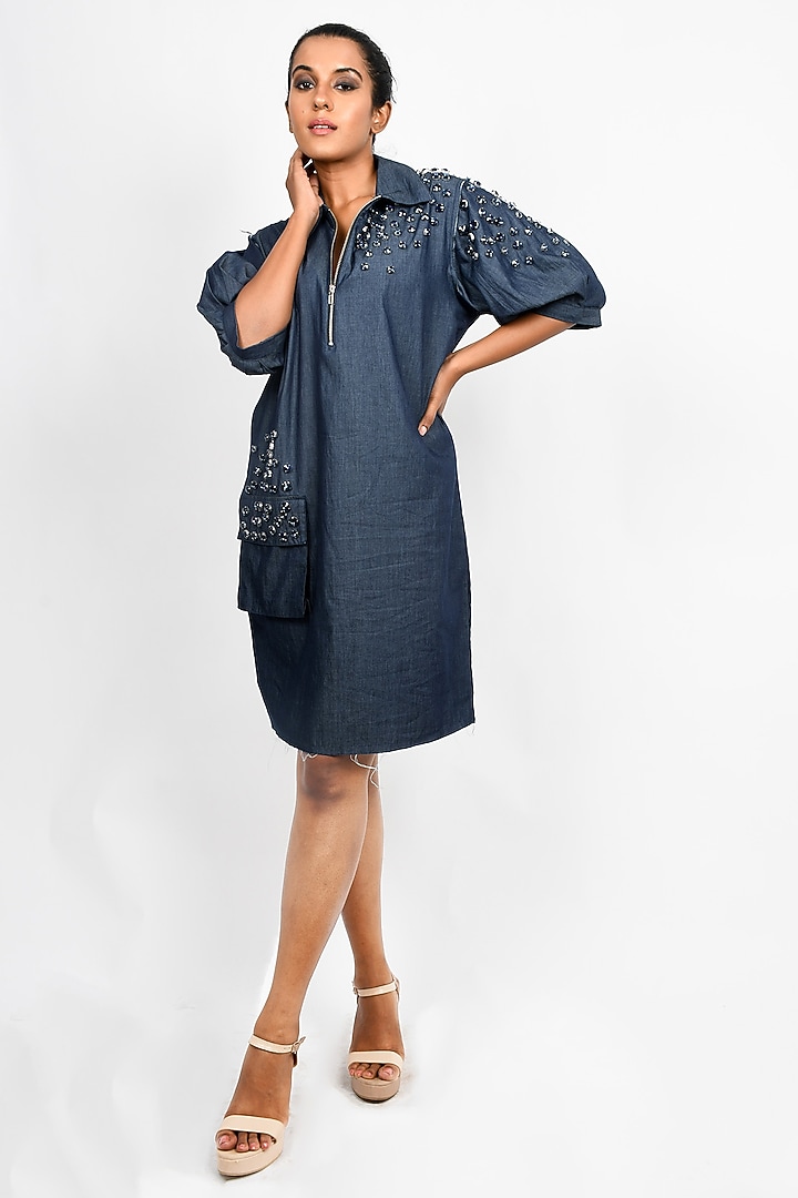 Blue Denim Crystal Embroidered Mini Summer Dress by Richaa Goenka at Pernia's Pop Up Shop