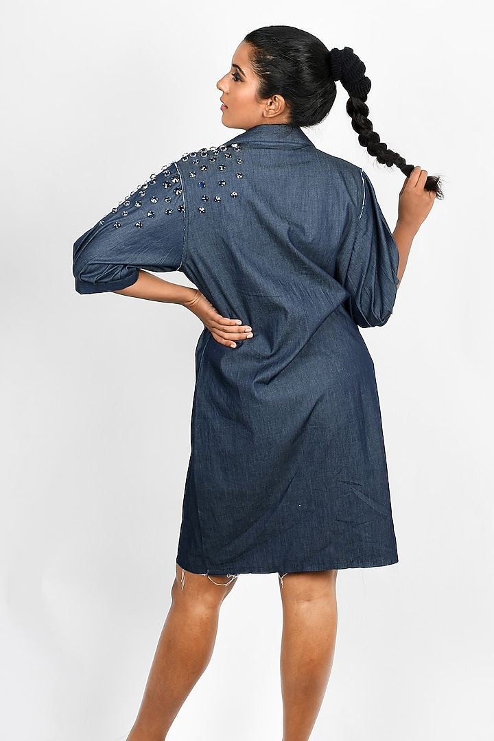 Blue Denim Crystal Embroidered Mini Summer Dress by Richaa Goenka at Pernia's Pop Up Shop
