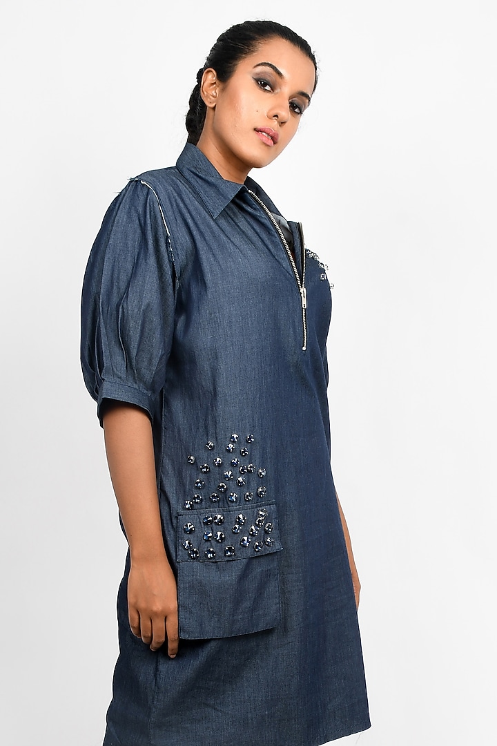 Blue Denim Crystal Embroidered Mini Summer Dress by Richaa Goenka at Pernia's Pop Up Shop