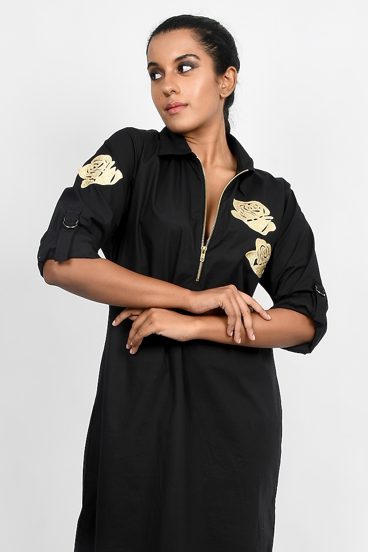 Black Cotton Floral Applique Mini Summer Dress by Richaa Goenka at Pernia's Pop Up Shop