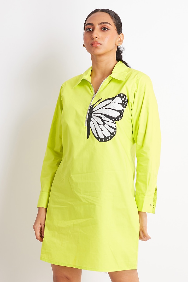 Neon Green Cotton Embroidered Mini Summer Dress by Richaa Goenka at Pernia's Pop Up Shop