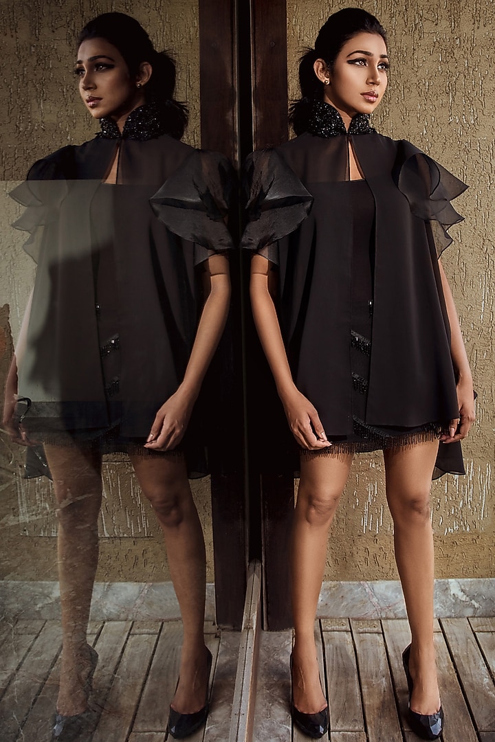 Black Georgette & Organza Embroidered Cape by Richaa Goenka at Pernia's Pop Up Shop