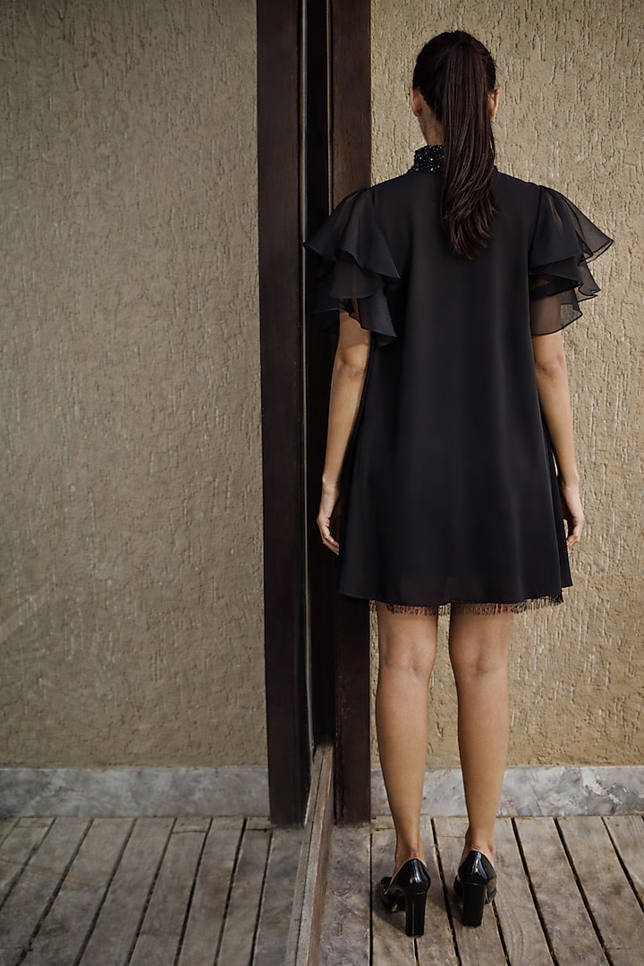 Black Georgette & Organza Embroidered Cape by Richaa Goenka at Pernia's Pop Up Shop